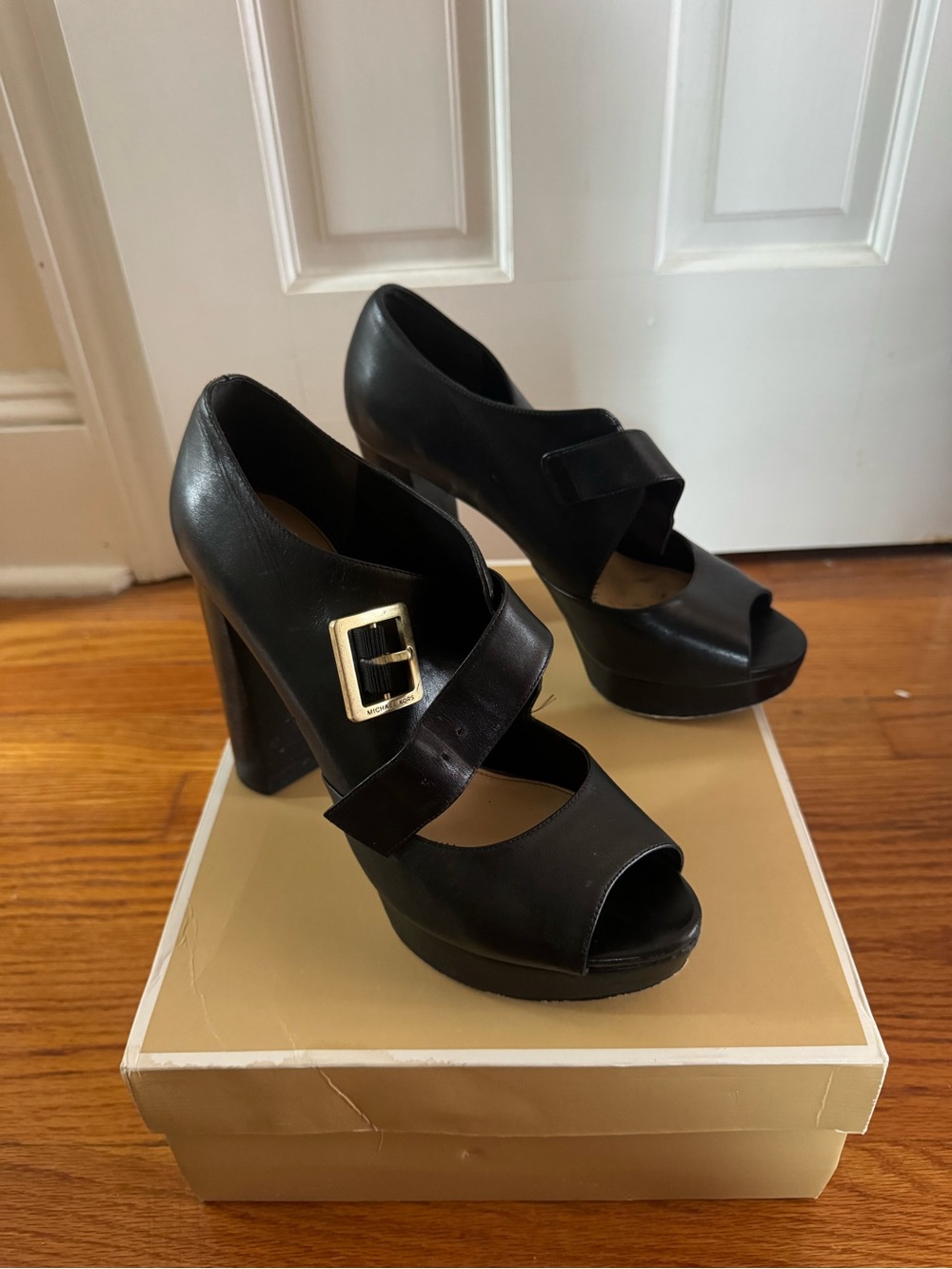 MICHAEL Michael Kors Black Leather Platform Peep-Toe Heels with Gold Buckle